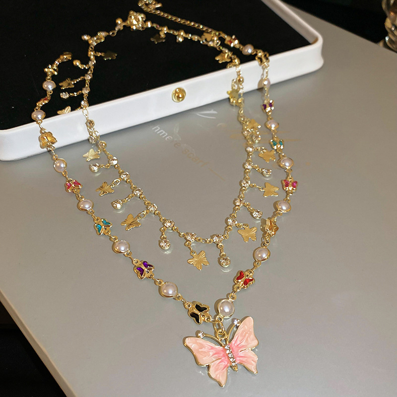 Fashion Necklace-gold-double Layer Metal Dripping Butterfly Double Layer Necklace