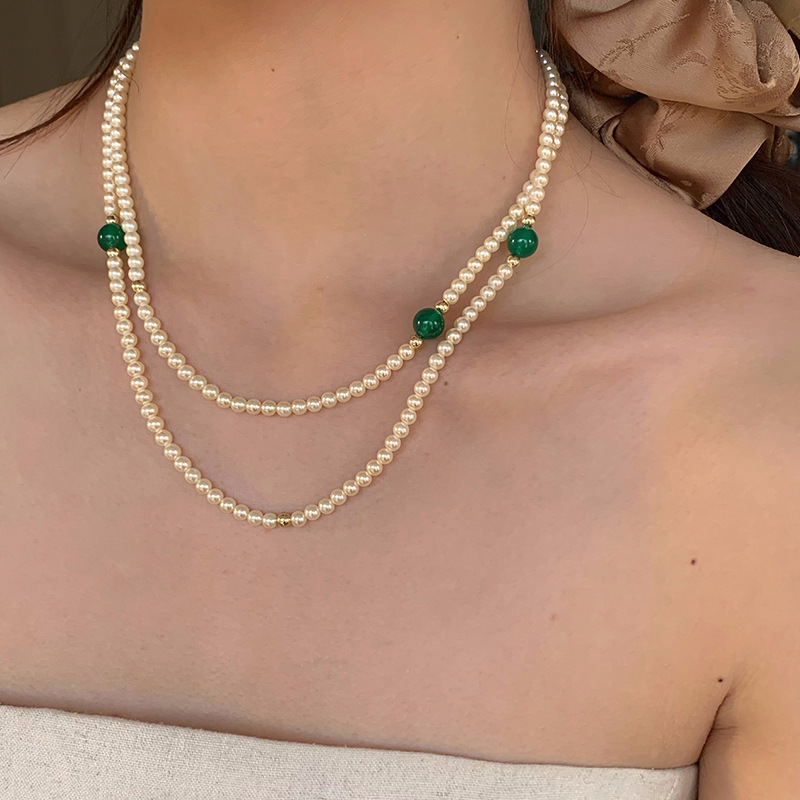 Fashion Necklace-white-green Pearl Beaded Double Layer Necklace