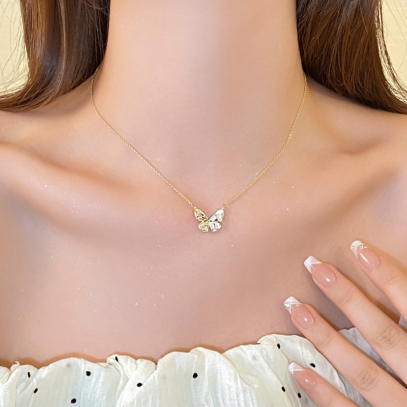 Fashion Necklace - Gold (real Gold Plating) Metal Diamond Butterfly Necklace