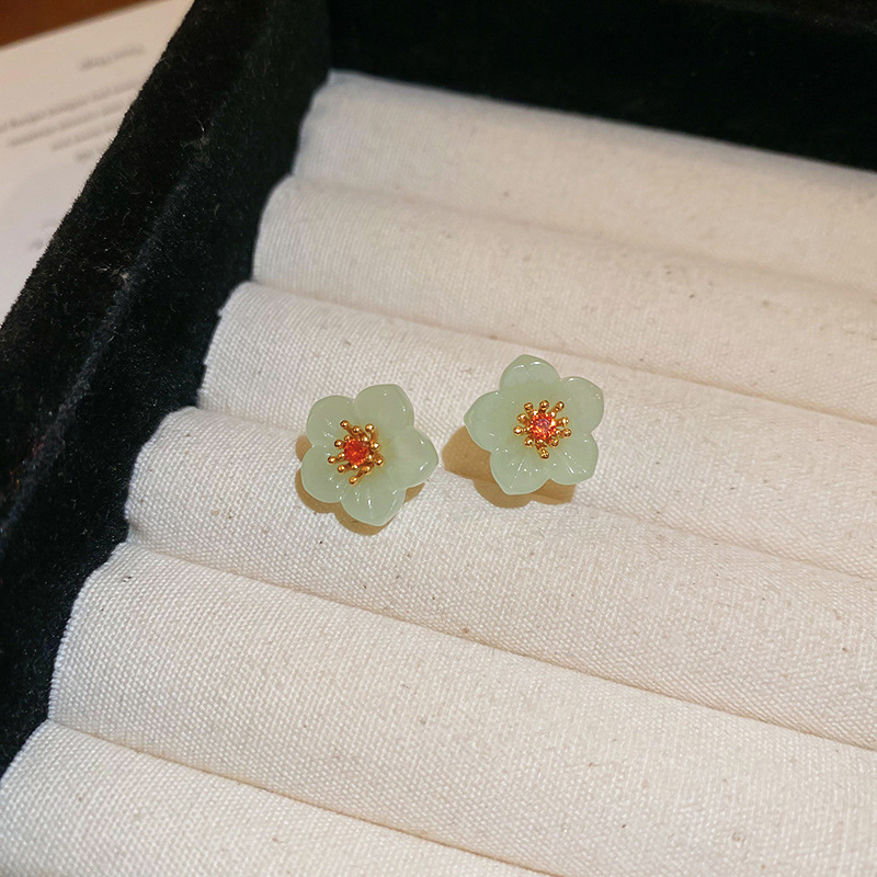 Fashion Green (real Gold Plating) Copper Diamond Flower Stud Earrings