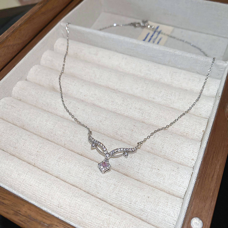 Fashion Necklace - Silver Copper Diamond Square Necklace