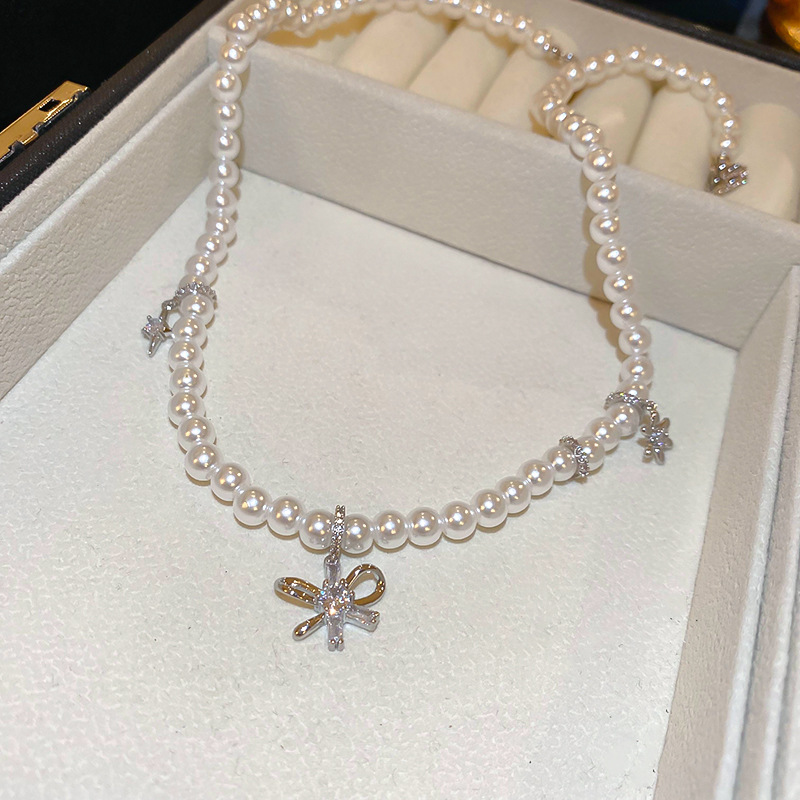 Fashion Necklace-white Pearl Beaded Diamond Bow Necklace