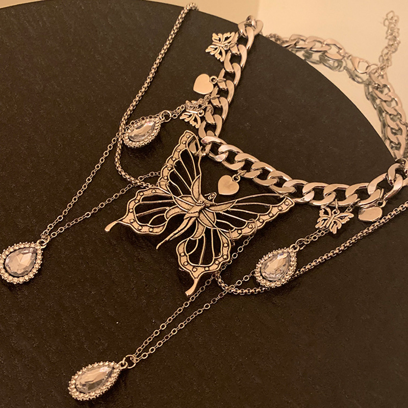 Fashion Necklace - Silver Butterfly Love Diamond Drop Necklace