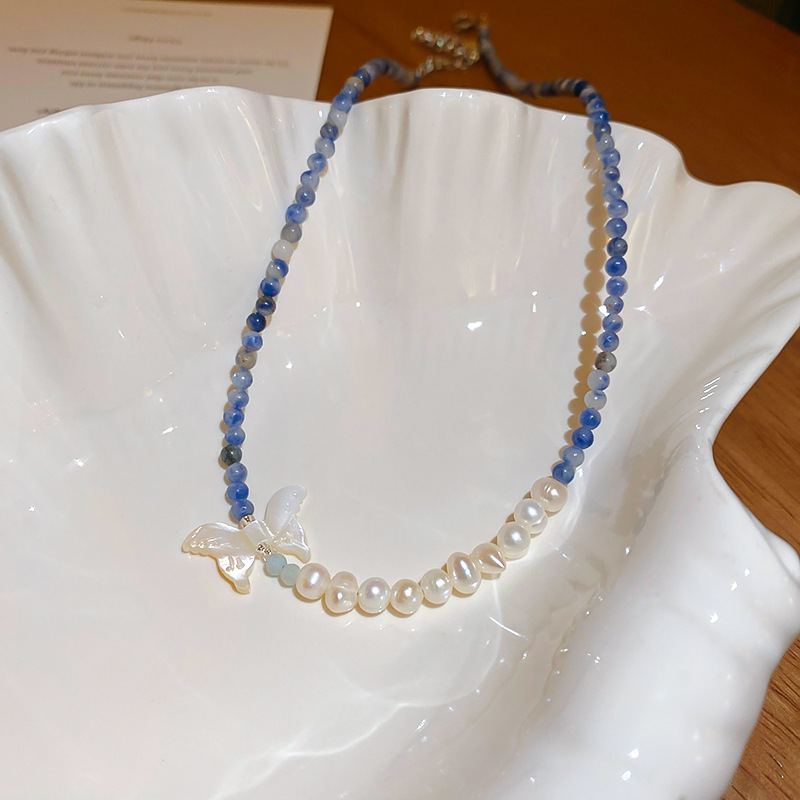 Fashion Necklace-blue Shell Pearl Beaded Butterfly Necklace