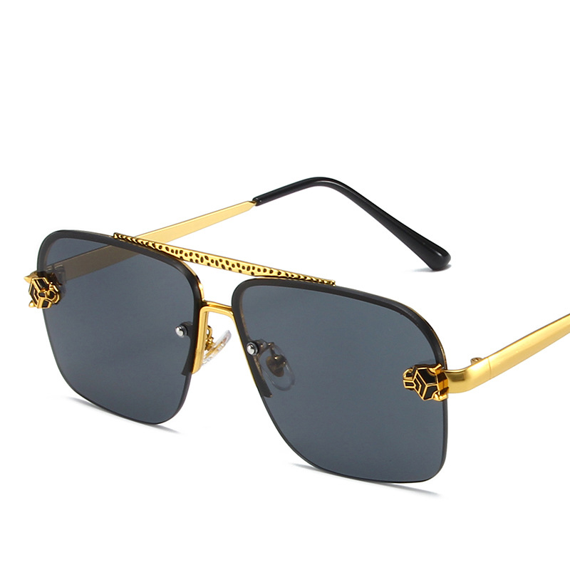 Fashion Gold Frame All Gray Piece Ac Double Bridge Rimless Leopard Head Square Sunglasses