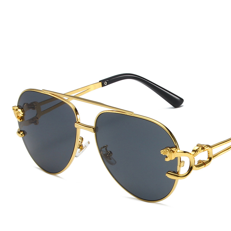 Fashion Gold Frame All Gray Piece Double Bridge Metal Large Frame Sunglasses