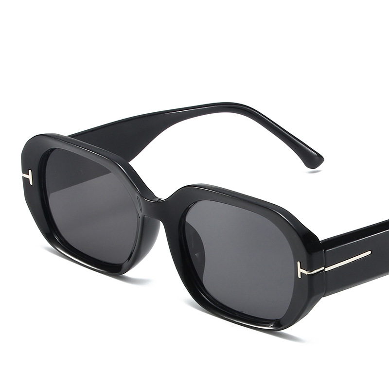 Fashion Glossy Black Framed Gray Film Polygonal Sunglasses