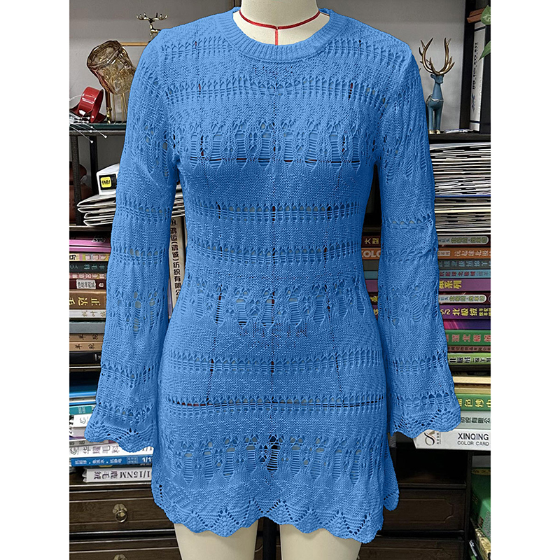 Fashion Blue Blend Open-knit Sun Cover-up