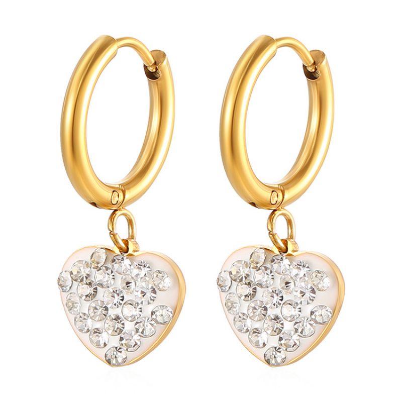 Fashion Love Sticky Diamond Pendant Earrings White Stainless Steel Diamond Heart Hoop Earrings