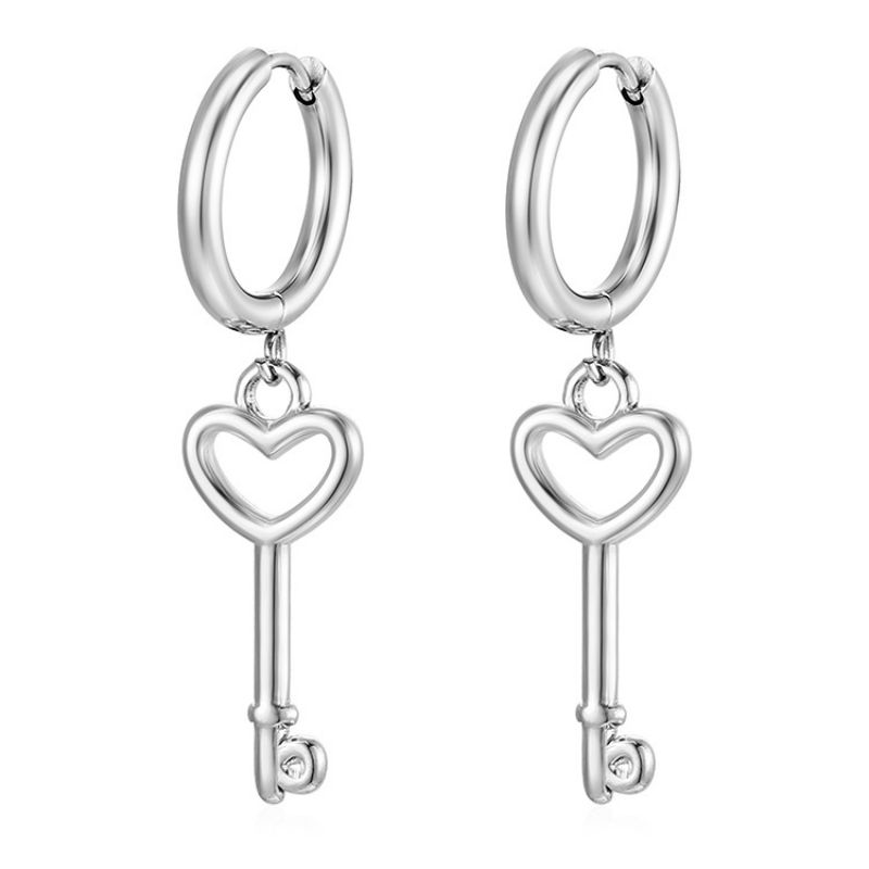 Fashion Key Pendant Earrings Steel Color Stainless Steel Key Ring Earrings