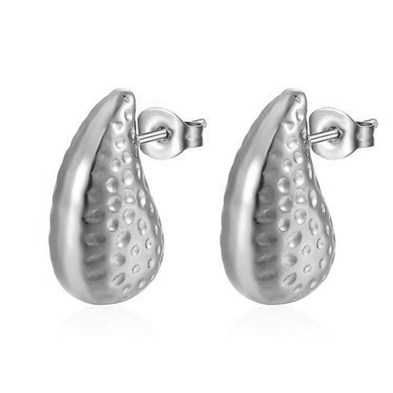 Fashion Silver Stainless Steel Hammered Drop-shaped Earrings