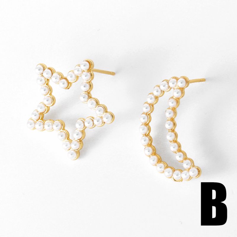 Fashion B Gold-plated Copper Studded Star And Moon Earrings With Pearls