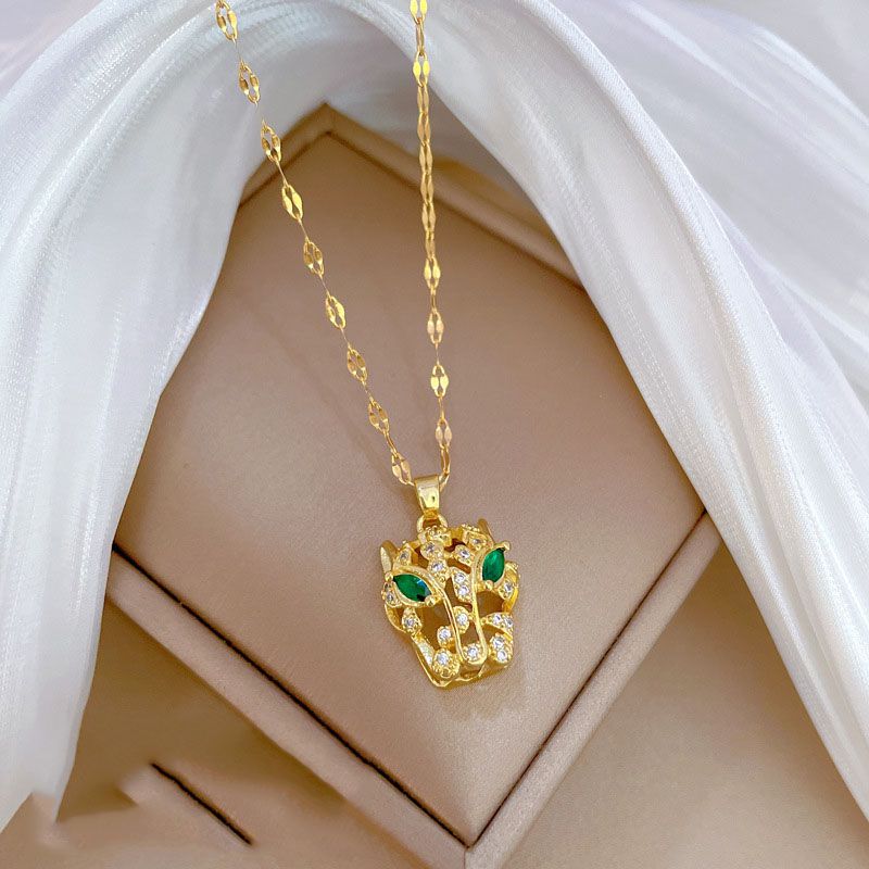 Fashion Necklace [titanium Steel Chain Copper Pendant] Titanium Steel Diamond Leopard Necklace