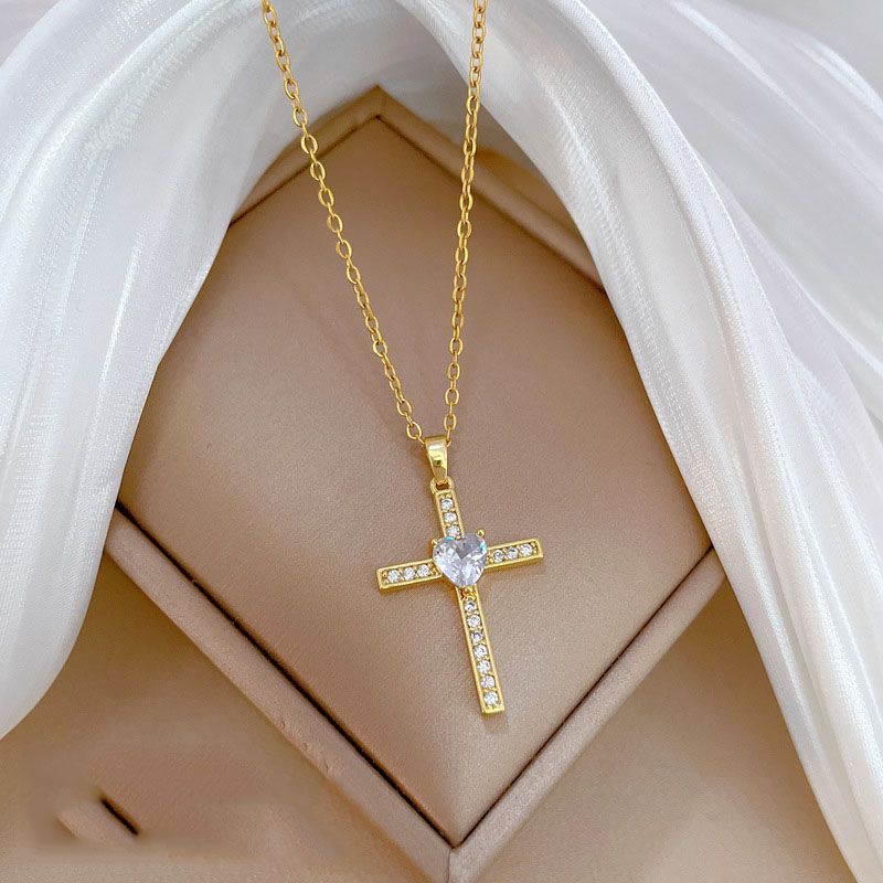 Fashion Gold Titanium Steel Diamond Love Cross Necklace
