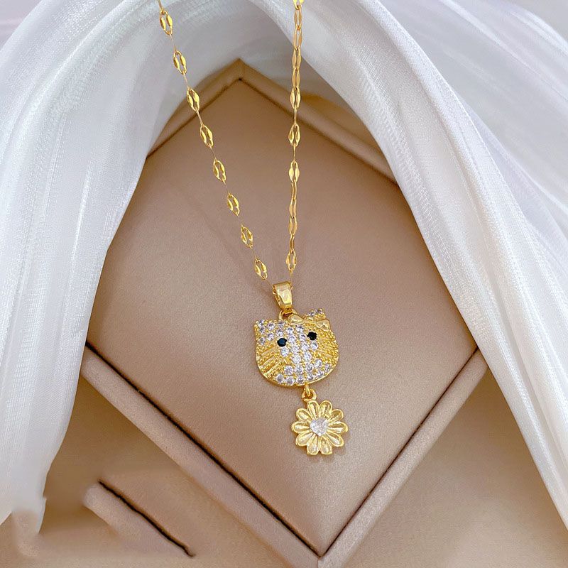 Fashion Gold Titanium Steel Diamond Flower Cat Necklace
