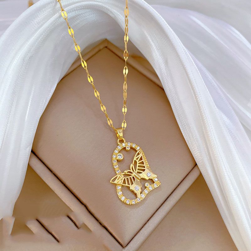 Fashion Titanium Steel Chain Titanium Steel Diamond Heart Butterfly Necklace