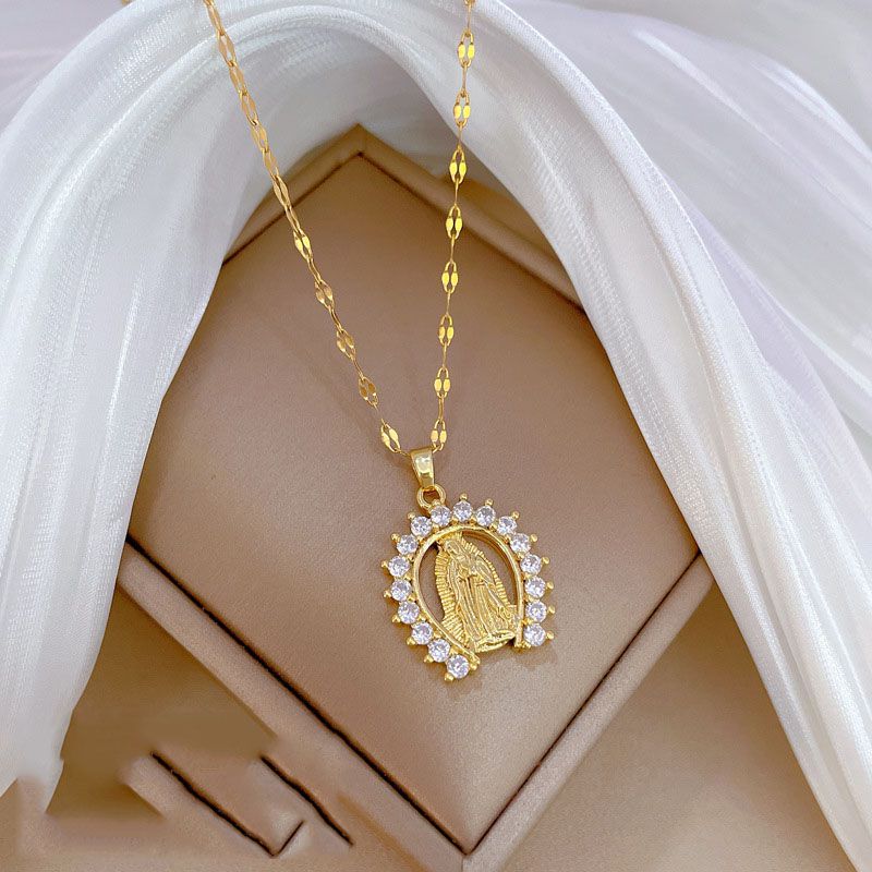 Fashion Gold Titanium Steel Diamond Portrait Necklace