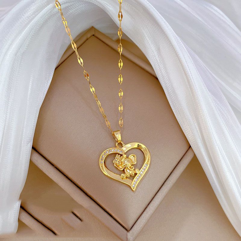 Fashion Gold Titanium Steel Love Elephant Necklace