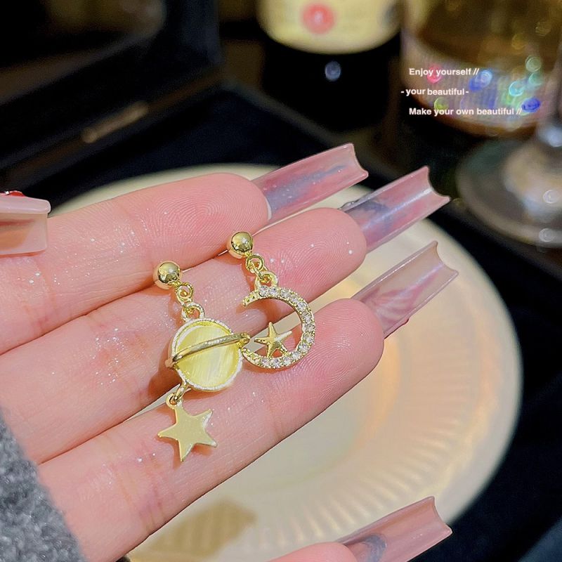 Fashion Gold Alloy Diamond Planet Moon Stud Earrings