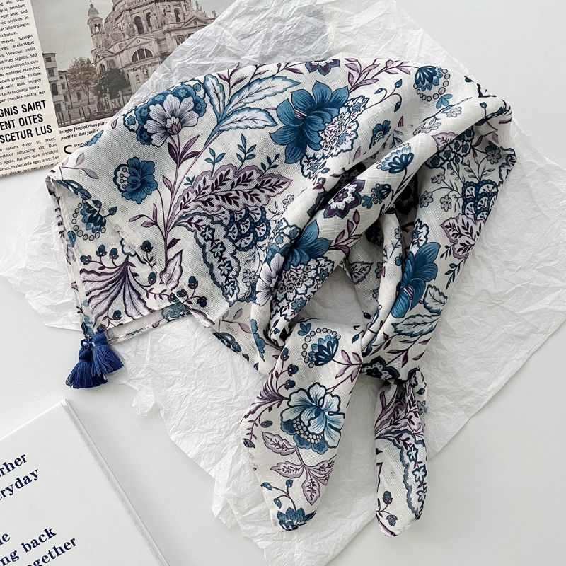 Fashion 30#flowers-blue Cotton And Linen Printed Silk Scarf