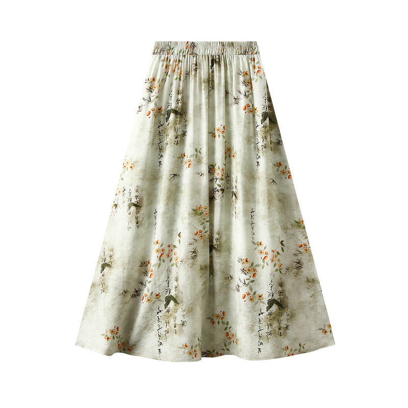 Fashion National Style Green Cotton And Linen Printed Skirt