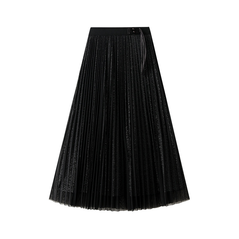 Fashion Black And Silver Lace-up Pleated High-waisted Skirt