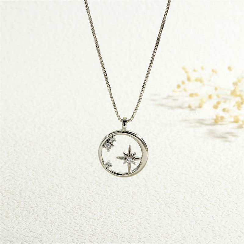 Fashion Silver Copper Inlaid Zirconium Six-pointed Star Hollow Round Necklace