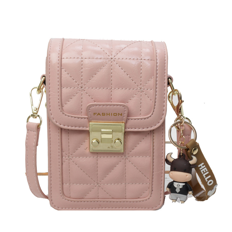 Fashion Pink Embroidered Diamond Lock Square Shoulder Crossbody Bag