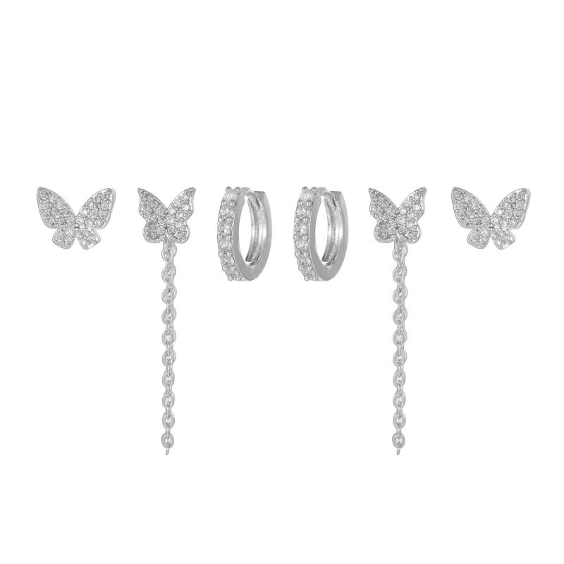 Fashion Silver Copper Inlaid Zirconium Butterfly Pendant Chain Earring Set Of 6 Pieces
