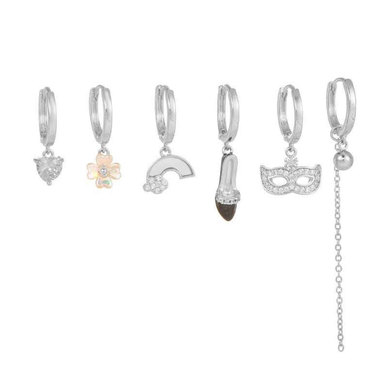 Fashion Silver Copper Inlaid Zircon Drop Oil High Heels Flower Pendant Earrings 6-piece Set