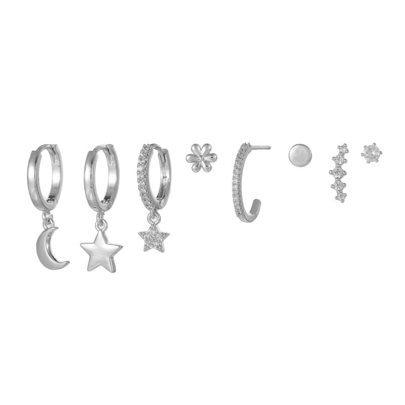 Fashion Silver Copper Inlaid Zircon Pentagram Moon Pendant Earring Set Of 6 Pieces