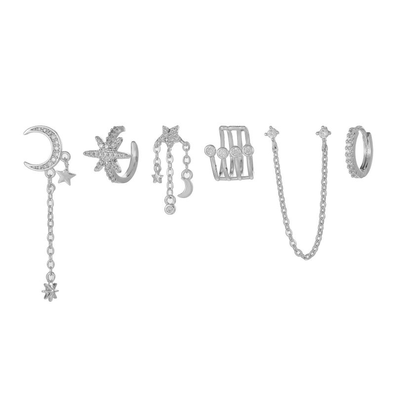 Fashion Silver Copper Inlaid Zircon Pentagram Moon Chain Pendant Earrings Set Of 6