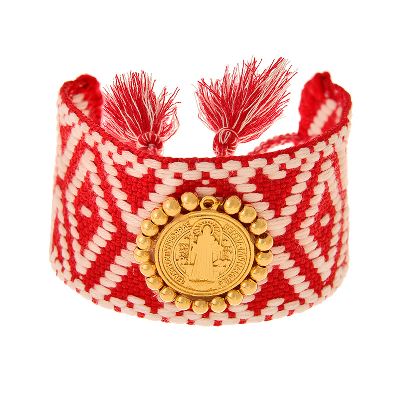 Fashion Red Copper Beaded Round Figure Braided Broad Pattern Tassel Bracelet
