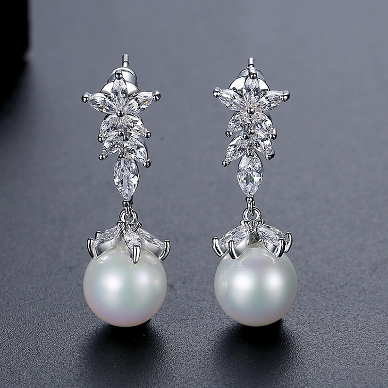 Fashion Silver Copper Diamond Pearl Earrings