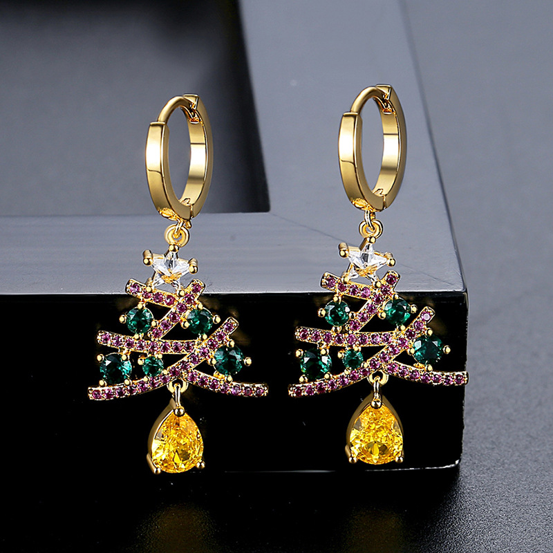 Fashion Gold Copper Diamond Christmas Tree Hoop Earrings
