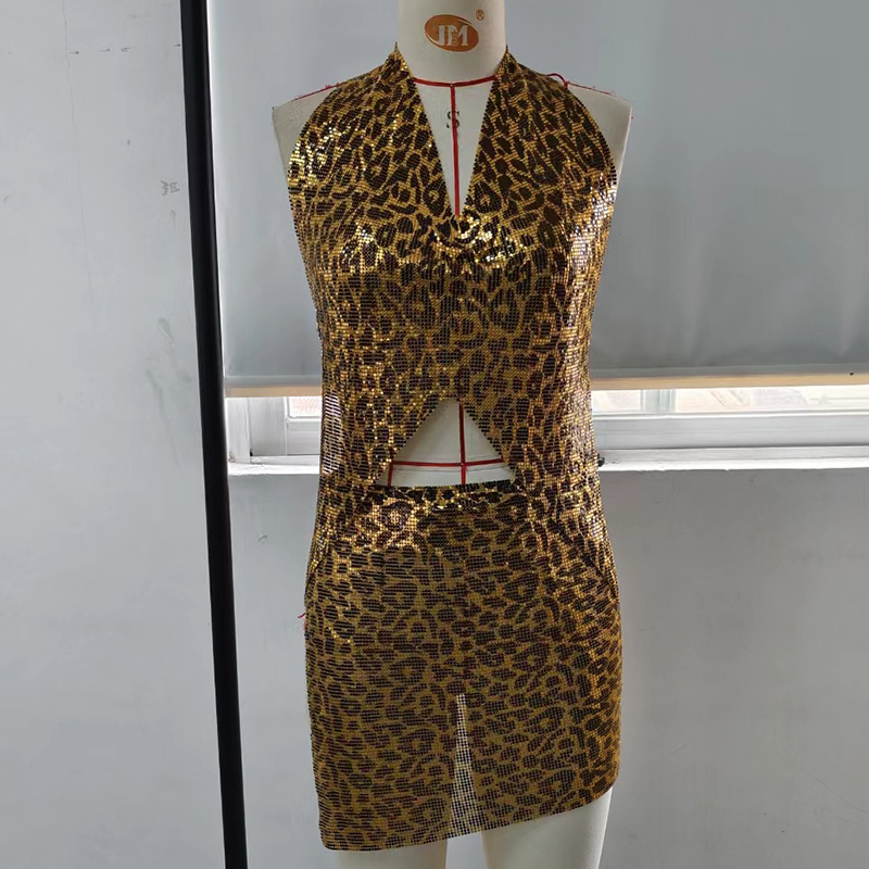 Fashion Leopard Gold Metallic Leopard Print Halterneck Tank Top Skirt Suit