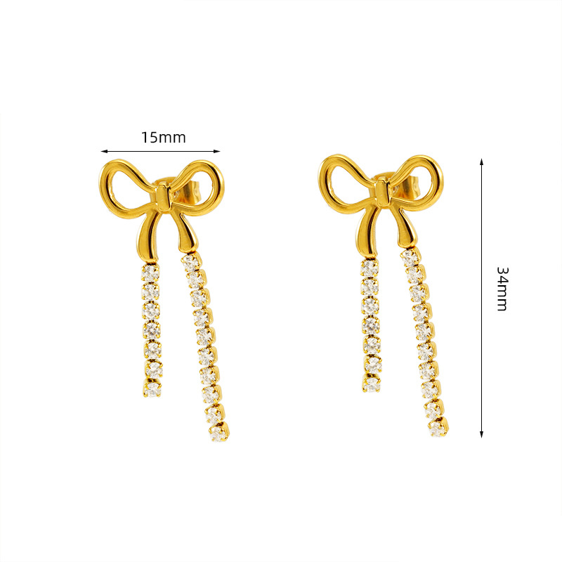 Fashion Gold Stainless Steel Diamond Bow Earrings