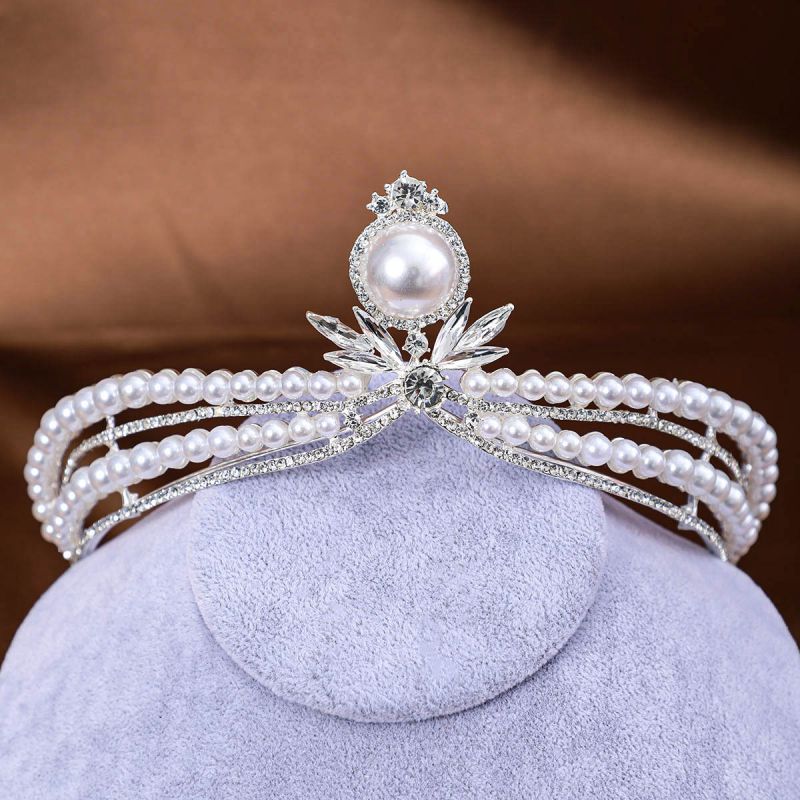 Fashion Crown Pearl Beaded Diamond Geometric Crown