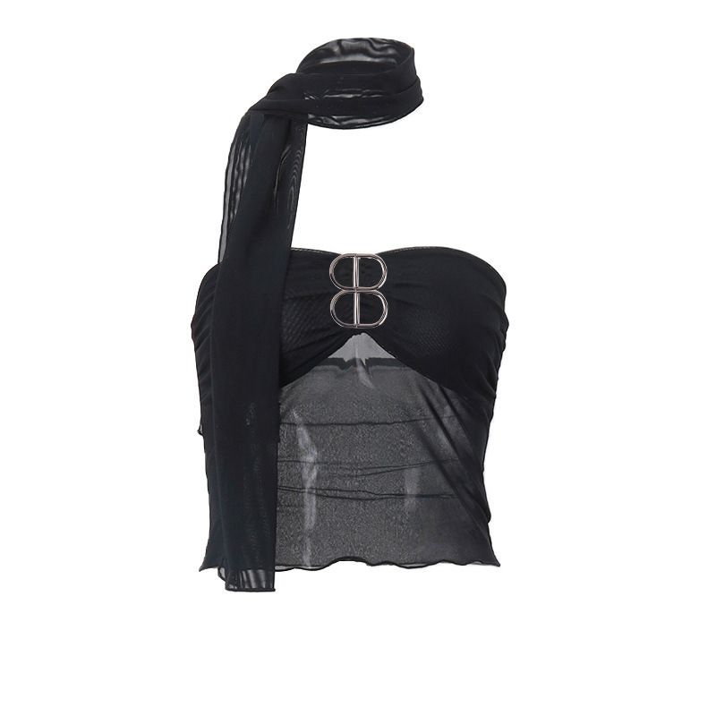 Fashion Black Mesh One-line Collar Tube Top With Ribbon Vest