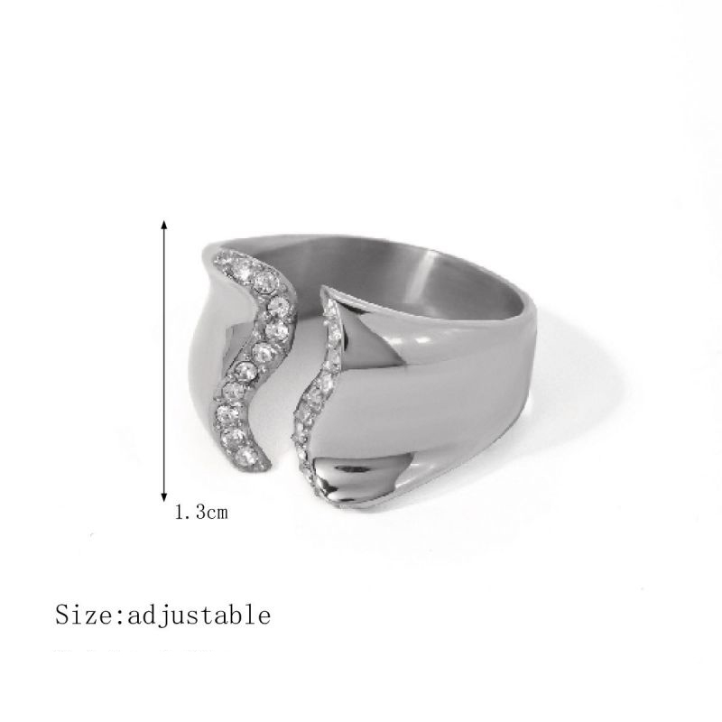 Fashion Silver Stainless Steel Diamond Wavy Open Ring