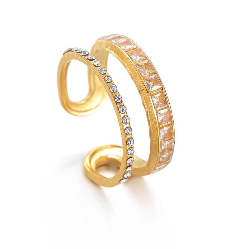 Fashion Gold Titanium Steel Diamond Double Open Ring