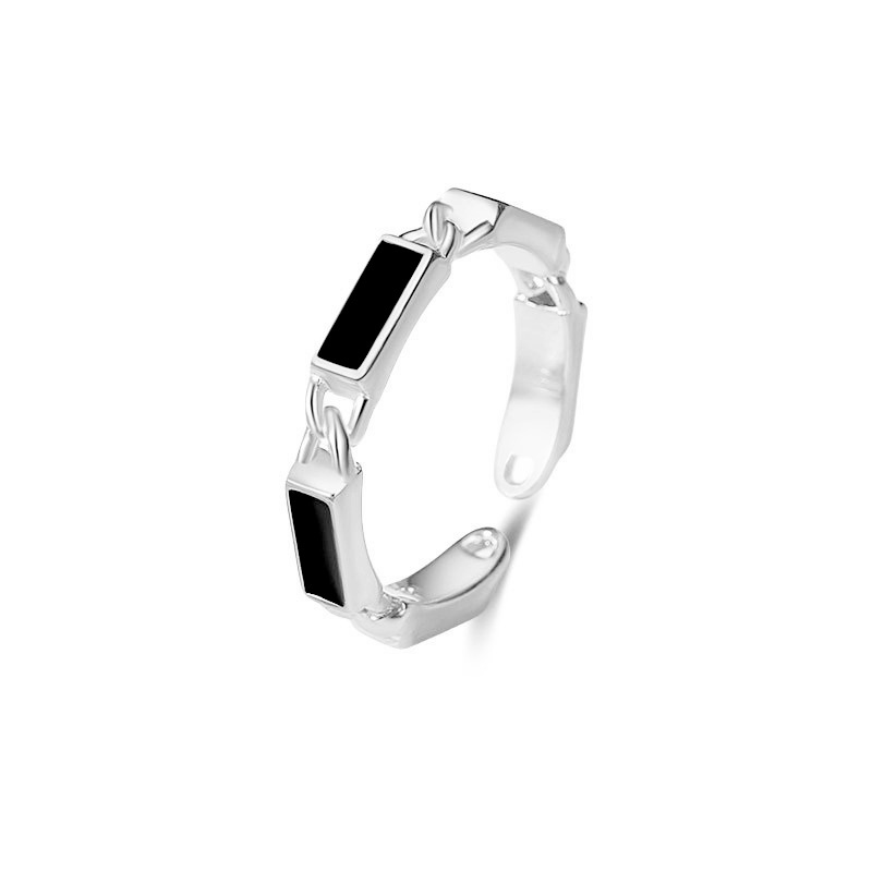 Fashion Black Square Ring-white Gold Copper Square Chain Ring