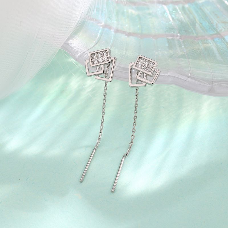 Fashion Geometric Zircon Ear Wire--white Gold Copper Diamond Square Earrings