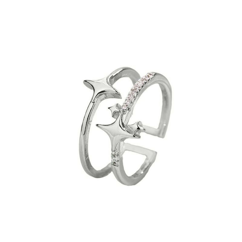Fashion Double Four-pointed Star Ring - White Gold Copper And Diamond Double Four-pointed Star Ring