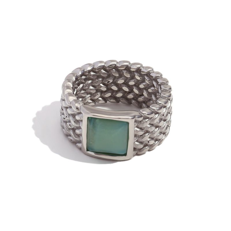 Fashion Braided Square Natural Stone Ring-steel Color Stainless Steel Braided Square Natural Stone Ring