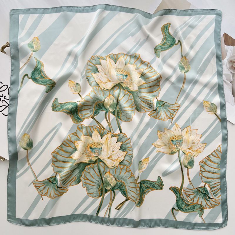 Fashion F1-a2a602#lake Blue Lotus Polyester Printed Silk Scarf