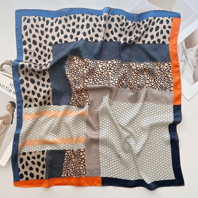 Fashion 1# Orange And Blue Edge Polyester Printed Silk Scarf