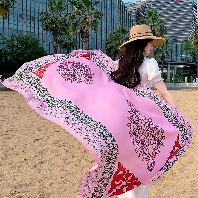 Fashion 1#pink Flower Totem Polyester Printed Silk Scarf