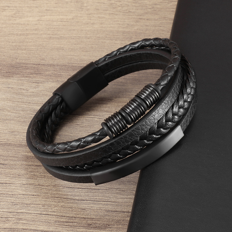 Fashion Black Stainless Steel Leather Cord Braided Men's Bracelet