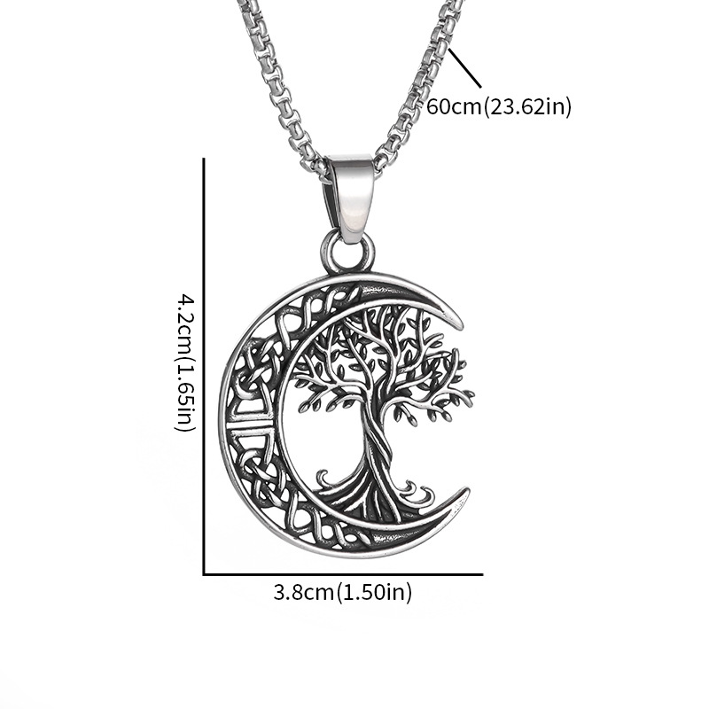 Fashion Tree Of Life Moon Necklace-steel Color Alloy Tree Of Life Moon Men's Necklace